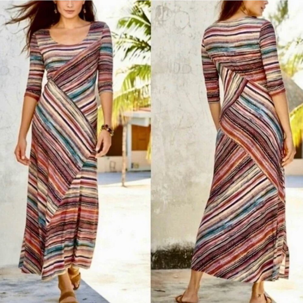 PERUVIAN CONNECTION Monserrato Colorful Stripe Maxi Stretch Jersey Dress
